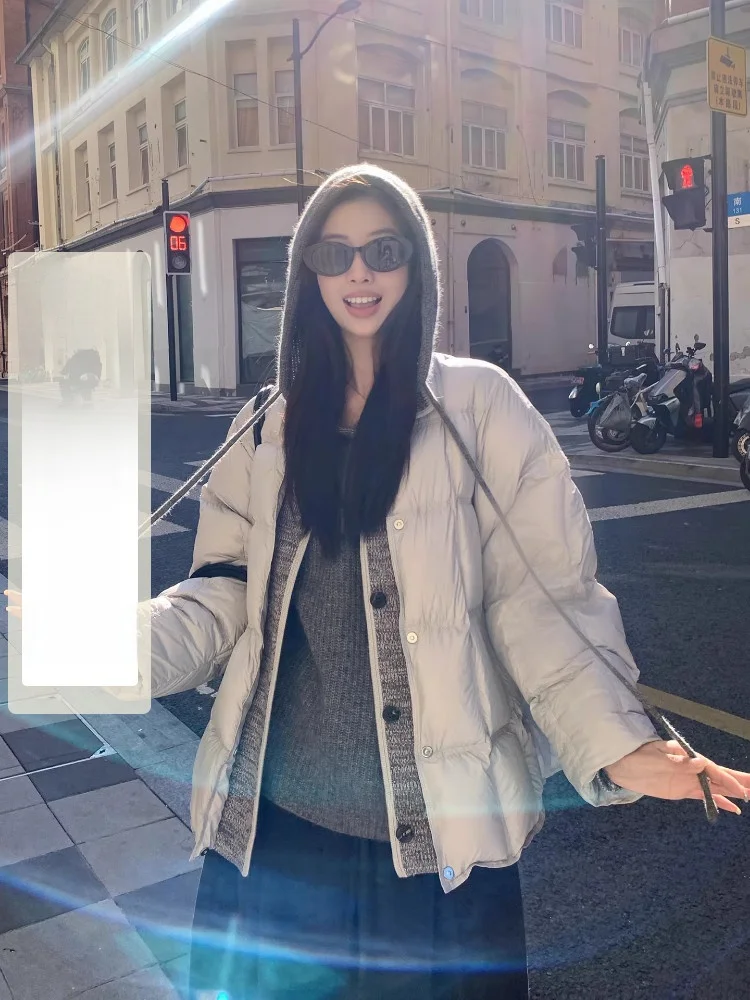 

EKOOL Вязаная куртка-пуховик в стиле пэчворк для женщин, зимняя, свободного кроя, утепленная, с воротником-стойкой, наполнитель 90% белый утиный пух