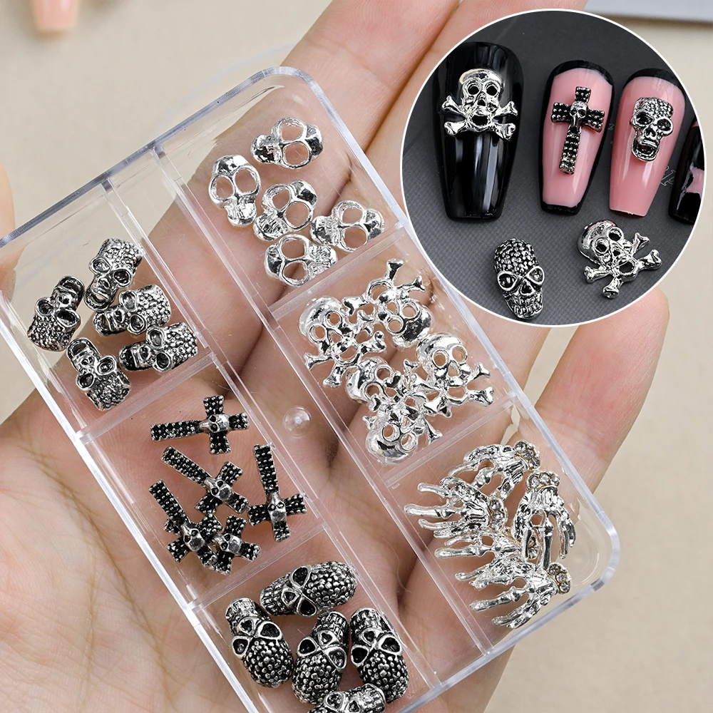 Mélange de breloques pour ongles d'halloween, 30 pièces, argent/pistolet noir, crâne gothique 3D, croix en métal strass rétro, squelette 3D, décoration d'ongles à main