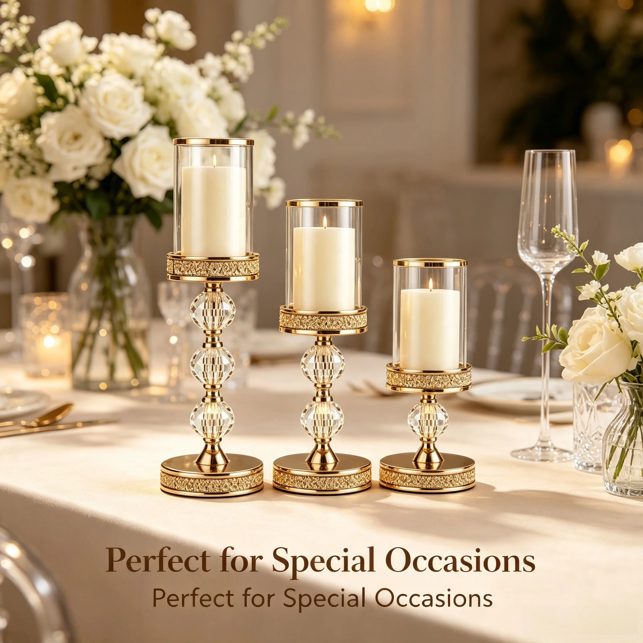 3pcs Glossy Gold Metal Candlestick Kit Faceted Crystal Bead & Glass Shield Candle Holder Luxury Mantel Nightstand Party Ornament