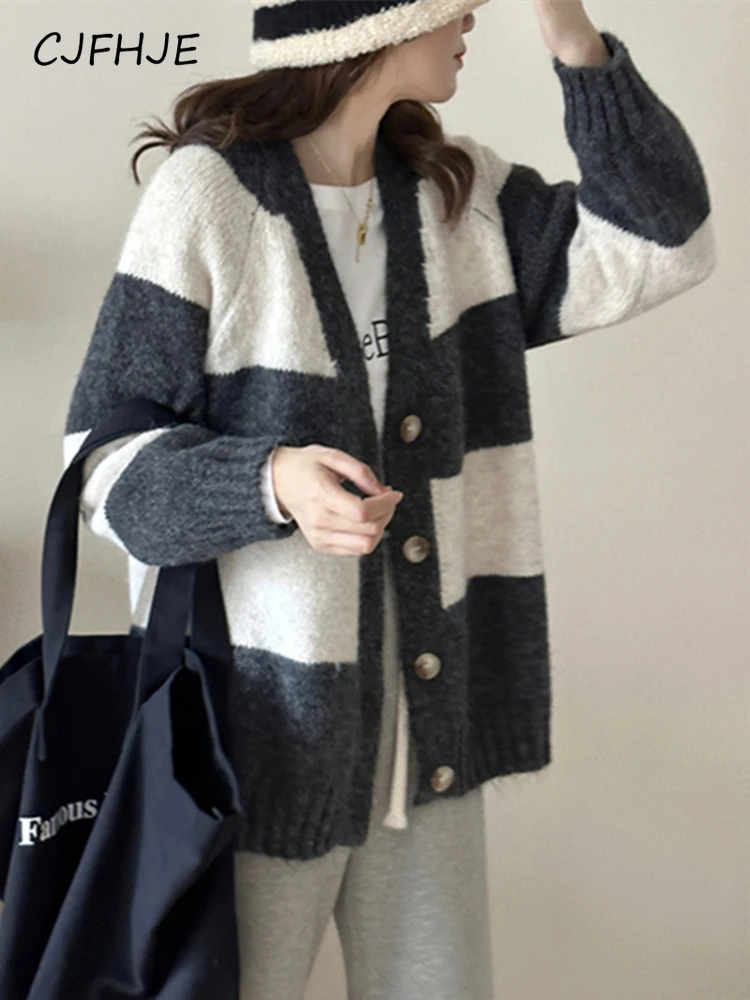 

CJFHJE New Oversized Striped Wild Korean Fashion Casual Knitting Cardigans Women Autumn Winter Loose Sweaters Elegant Lady Tops