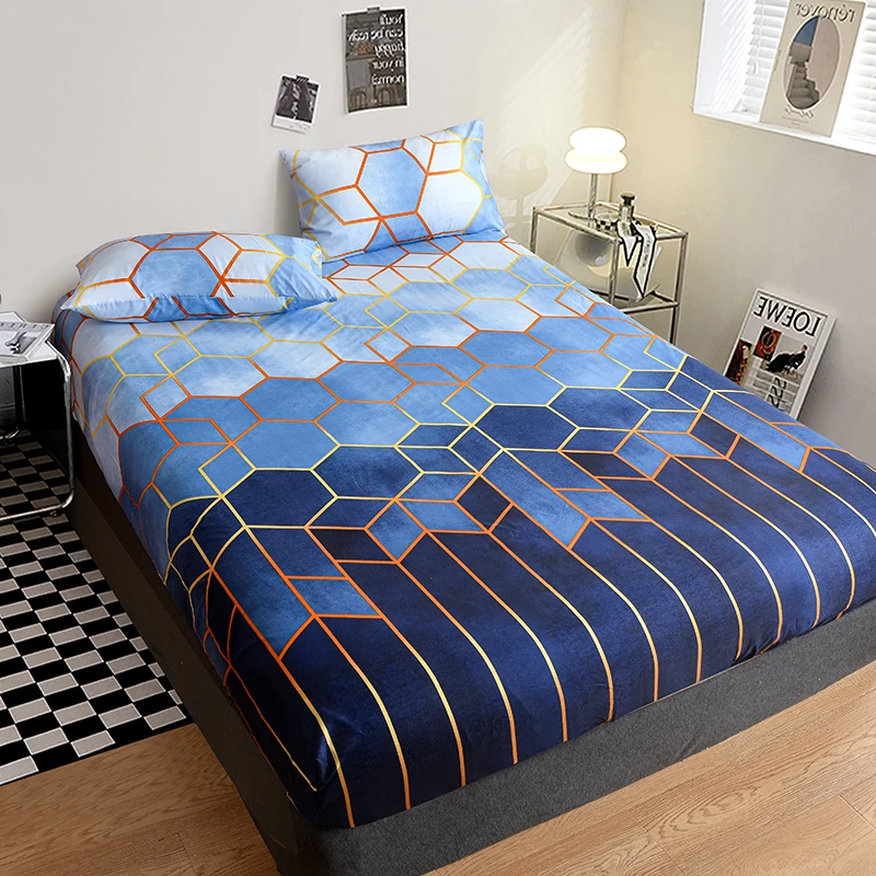 Nordic Region Modern Gradient Blue Gold Geometric Hexagon Fitted Sheet Set 3PCS Elastic Bed Mattress Cover Single Queen  Bedding