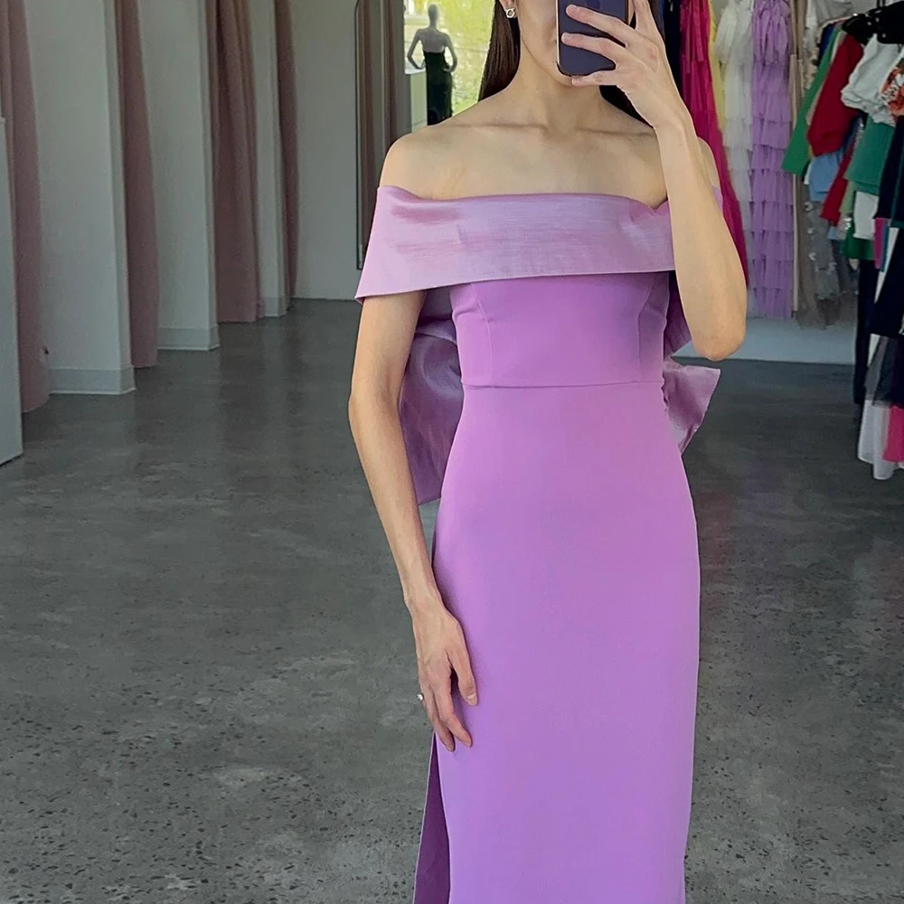 

Exquisite Straight Evening Dress　Off the Shoulder Jersey Short Sleeves Purple Floor Length