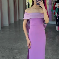 Elegant Bow Boat Neck Off the Shoulder Purple Jersey Evening Dresses Pleats Straight Floor Length Short Sleeves Custom Made Gown