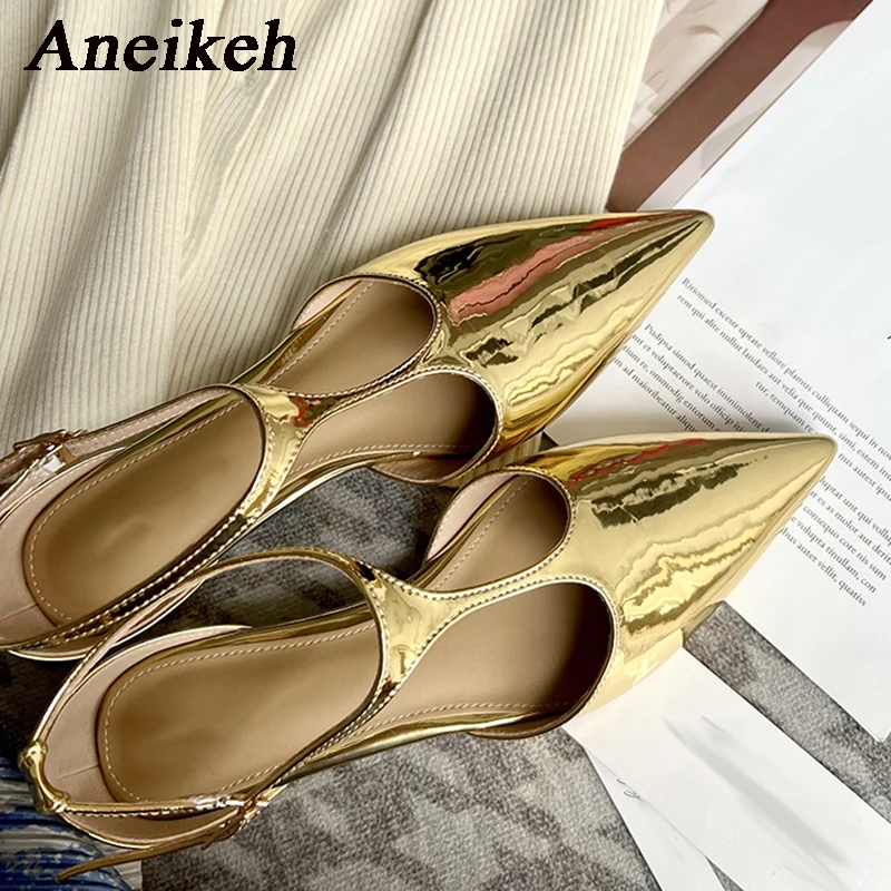 Aneikeh Fashion Women\'s Strange Style Heel Sexy Gold pointed T-Strap hollow sandals Low Heel Buckle Pumps 2024 Summer Lady Shoes