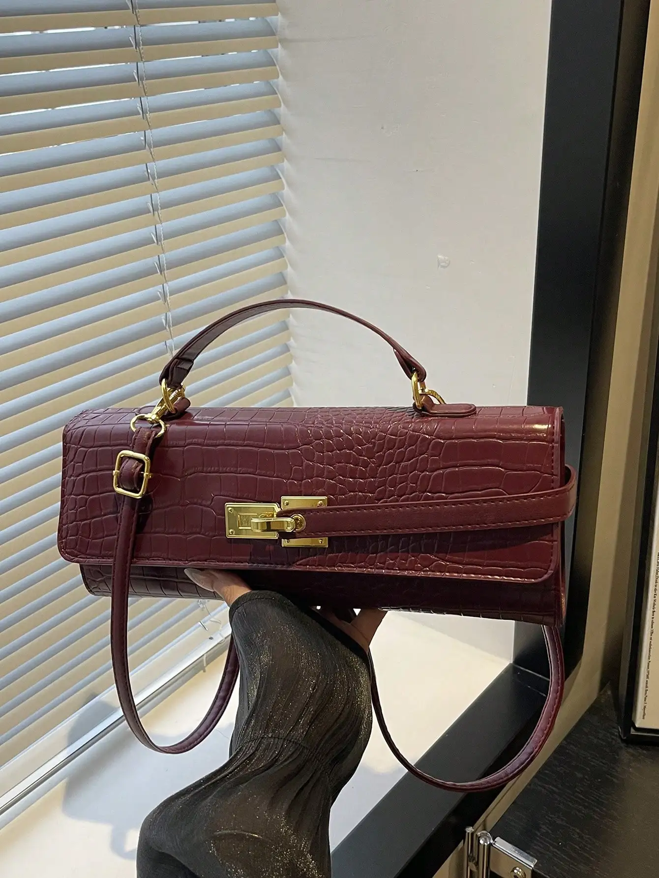 

Burgundy Crocodile Embossed Structured Top-Handle Bag with Gold Lock Closure