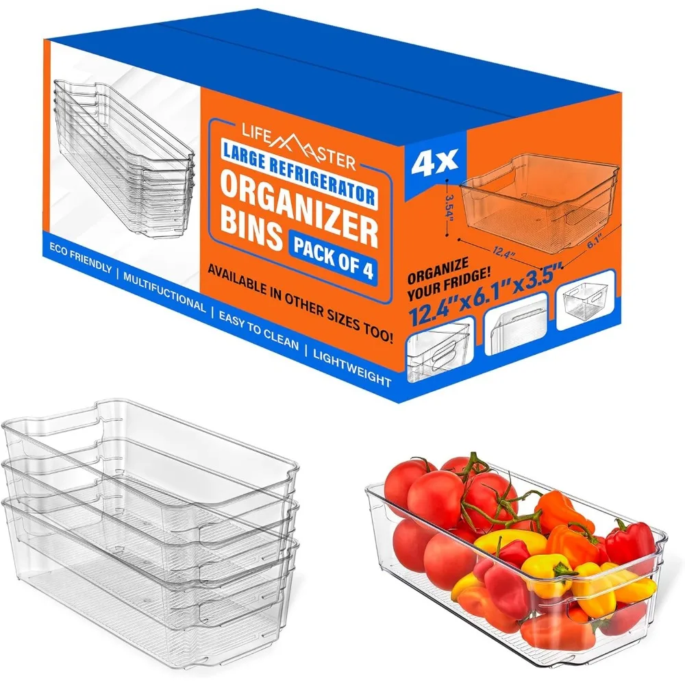 

Штабелируемый набор органайзеров для холодильника из 4 предметов с удобными ручками — прозрачные многофункциональные контейнеры для хранения холодильника и пантри.