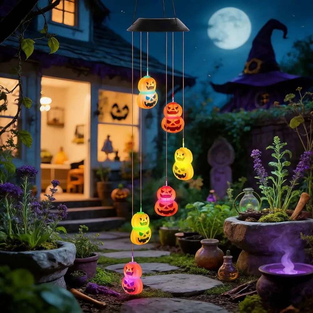 Creative Halloween LED Pumpkin Wind Chime Solar Powered Waterproof Solar Wind Chime Lamp LED Light String Pumpkin Shaped