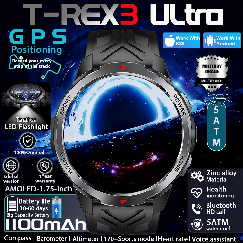 

2026 New T-REX3 1100mAh Battery Smart Watch Men 10ATM Waterproof GPS Bluetooth Call 1.7" AMOLED HD Sports Flashlight Smart Watc