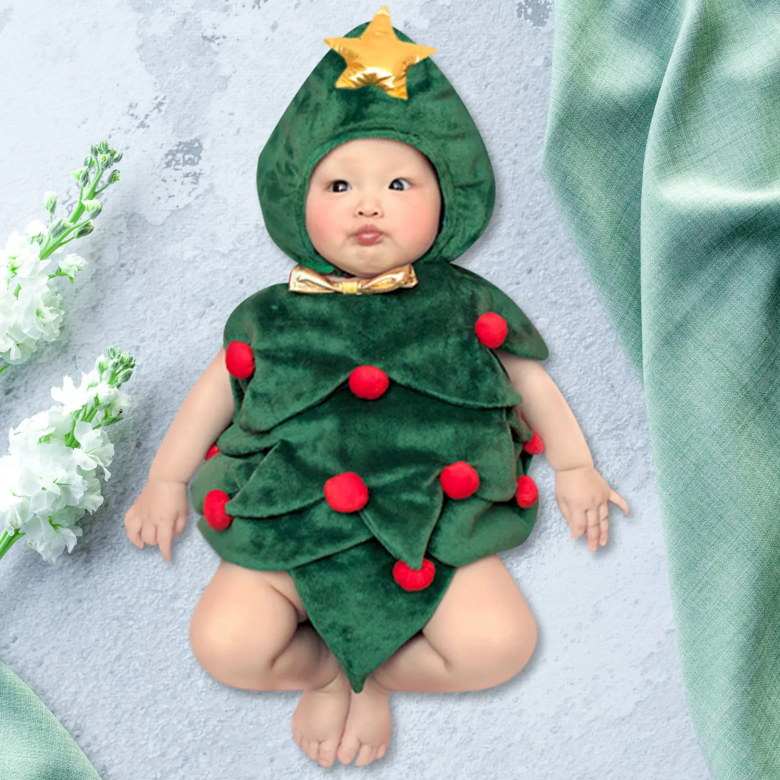 

1Set Xmas Tree Design Costume Christmas Baby Clothes Hat Highgrade Material Breathable Comfortable for Sensitive Skin