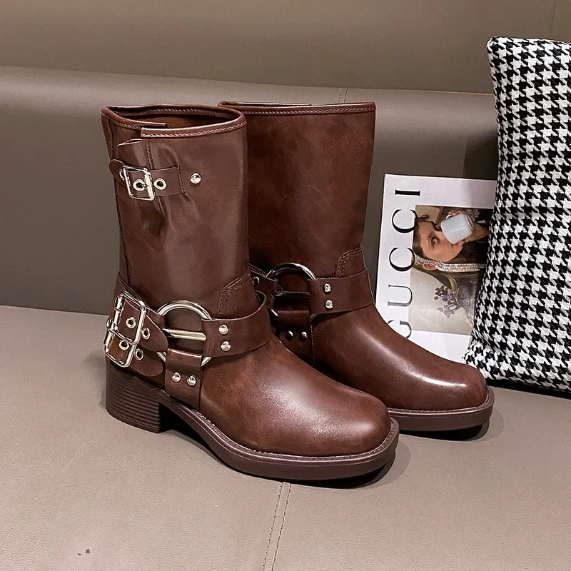 Winter shoes for Women Biker Boots Fashion Belt Buckle Ladies Elegant Platform Flats Short Booties Casual Women\'s Knight Booties