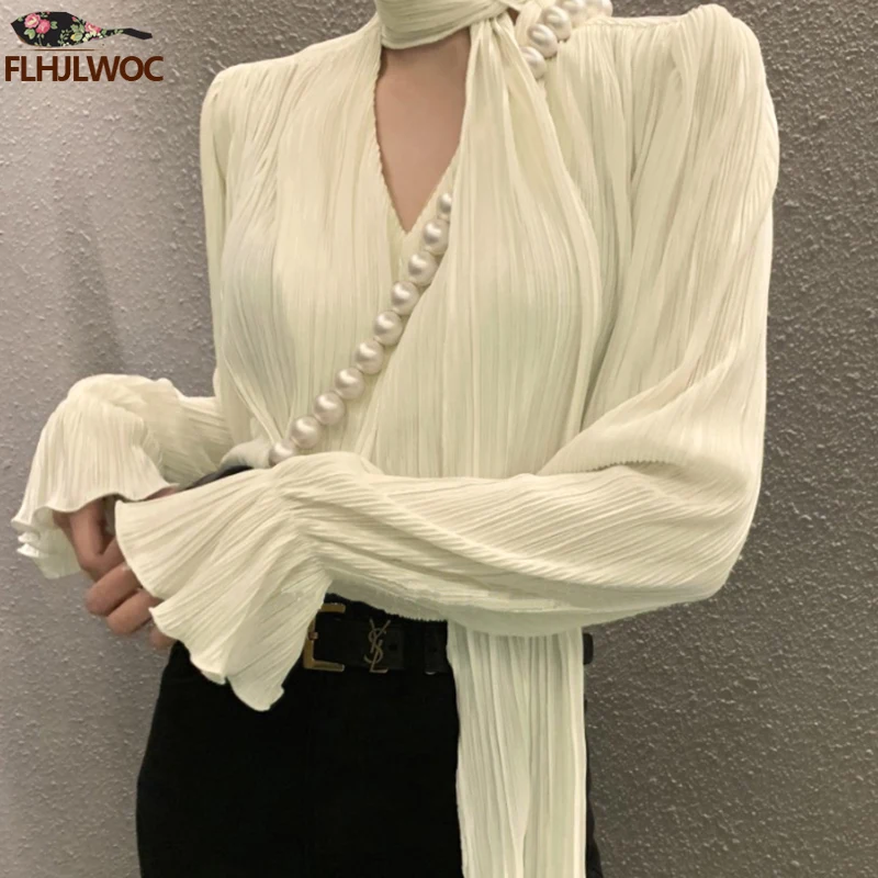 Bow Tie Tops Women Korean Style Design Clothes Flare Sleeve Elegant Office Lady Cute Ribbon Sweet Basic Shirts Blouses