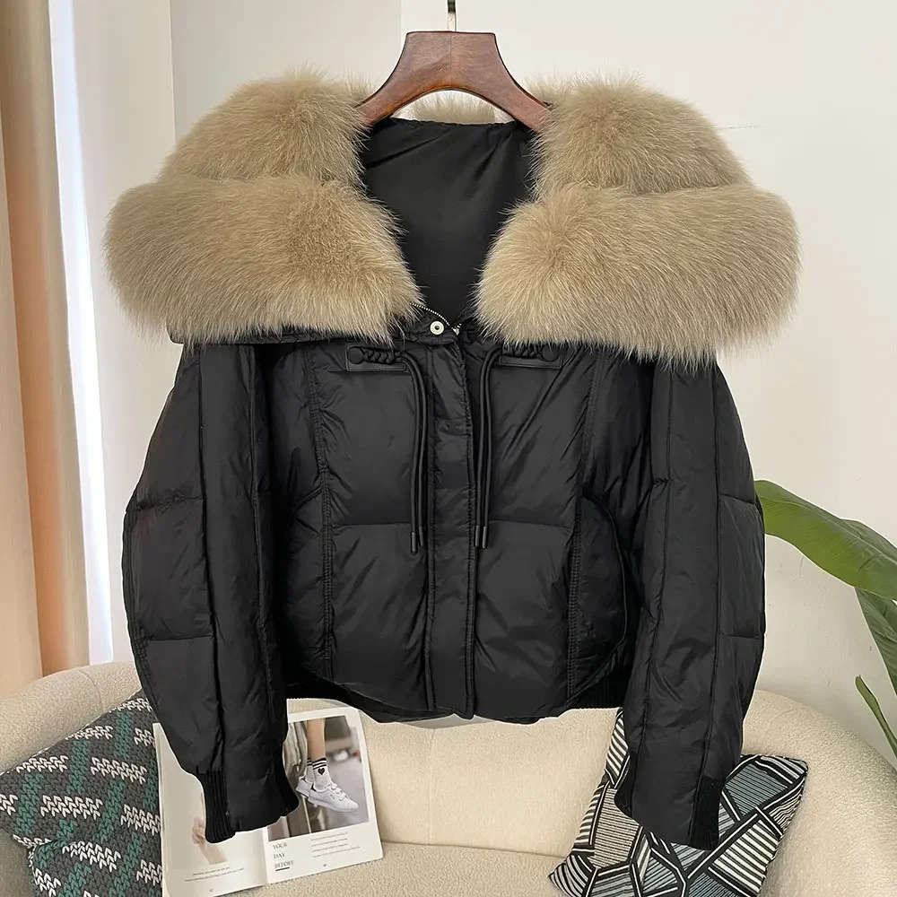 Big Real Fox Fur Collar Natural Thick Warm Duck Down Coat Short Outerwear Streetwear Loose 2024 Winter Fur Jacket Women