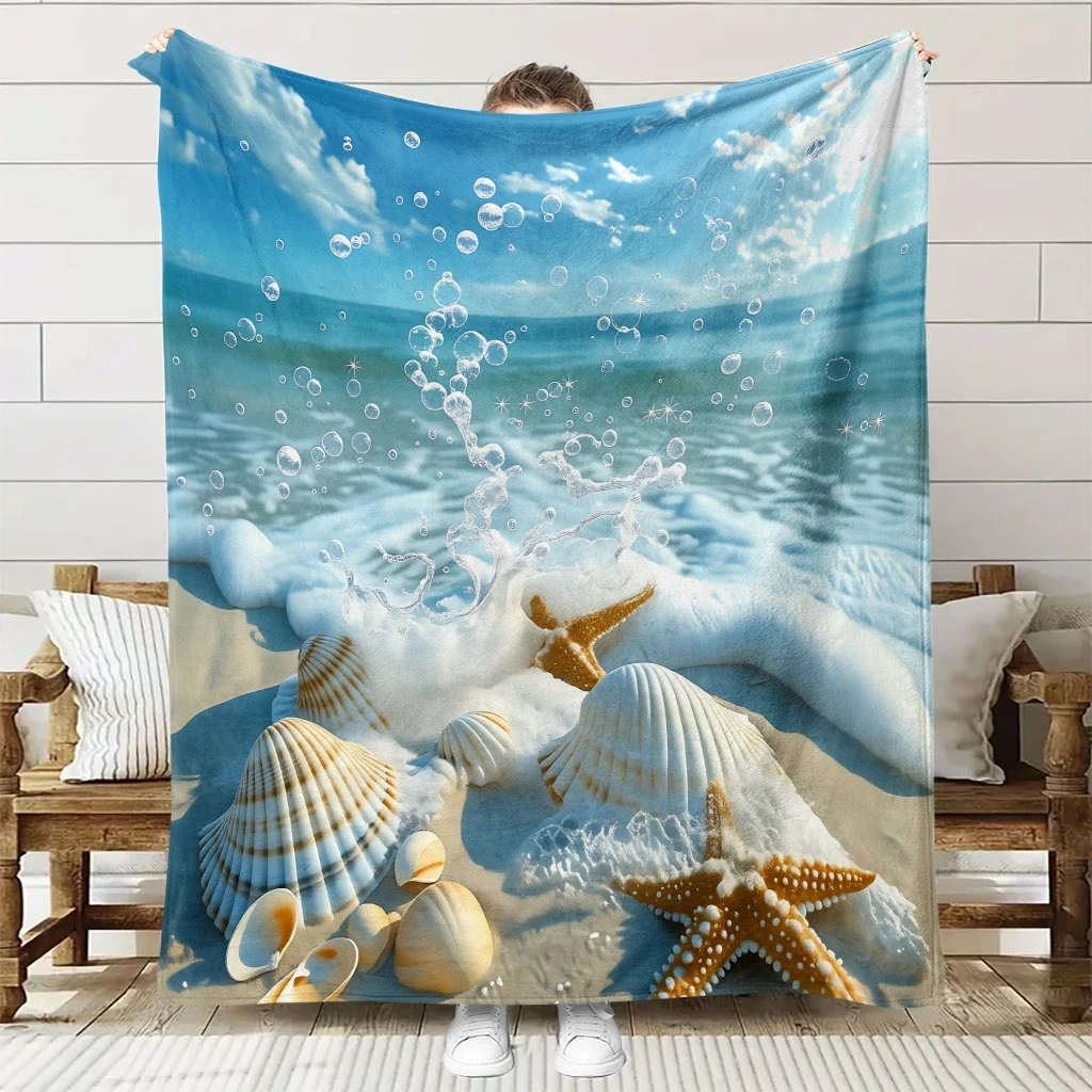 1pc Comfortable Beach Shell Theme Flannel Blanket, Home Decor Throw Blanket, Year-Round Use! Soft and Breathable 100% Polyester,