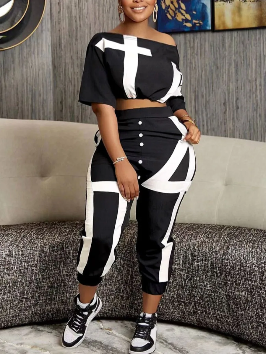 LW Plus Size 2 Piece Sets Women Tracksuit short sleeve Crop Top + Striped Pants Set Spring summer Casual women matching suit