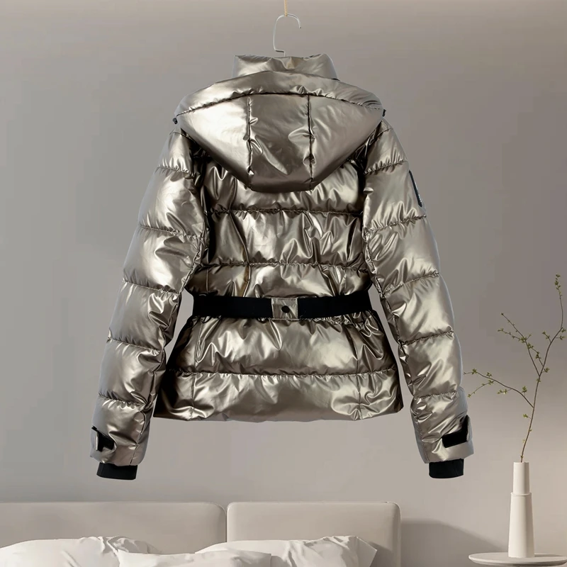 Hooded Skiing Coats Women Solid Stand Collar Belts Pleated Zippers Full Sleeve Thicken Cotton Jacket 2026 Winter Lady Outwears