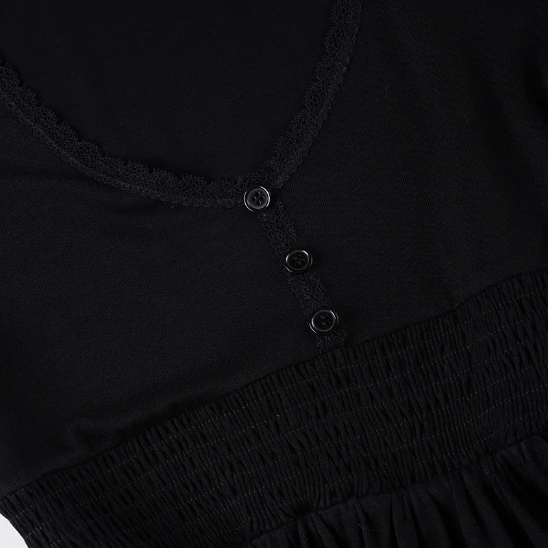 Schwarzes Spitzen-Peplum-Top für Damen mit Puppenkragen, Y2K-Bluse mit ausgestellten Ärmeln und A-Linien-Schnitt, Babydoll-Stil mit Knopfdetails – Detail 11