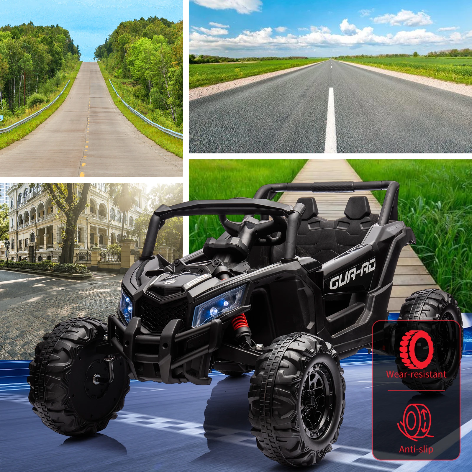 Ride on Car, Voiture UTV électrique tout-terrain à batterie 24 V avec télécommande, moteur 200 W, suspension à ressort, musique, lumières LED