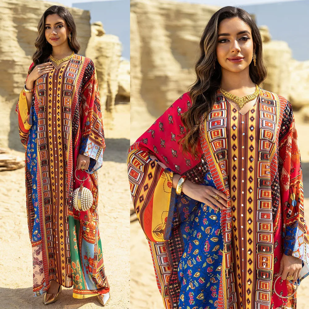 

Fashion Colorful Flowers Printed Abaya Muslim Women Chiffon Dress Batwing Sleeves Pullover Djellaba Festival Loose Diamonds Robe