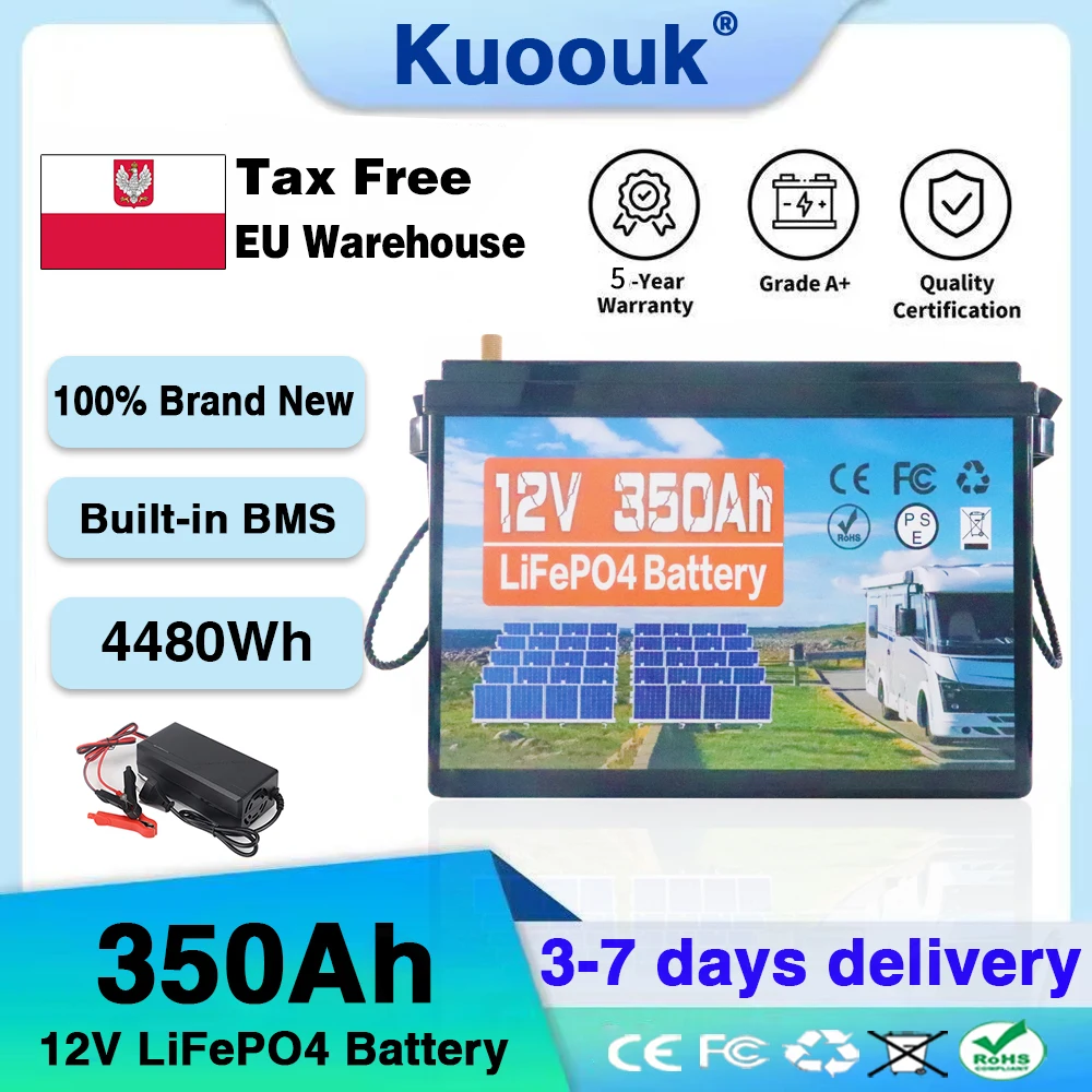 Kuoouk Batteria LiFePO4 a ciclo profondo da 12V 350Ah aggiornata con BMS integrato, alte prestazioni per applicazioni solari RV, inverter, 4480Wh