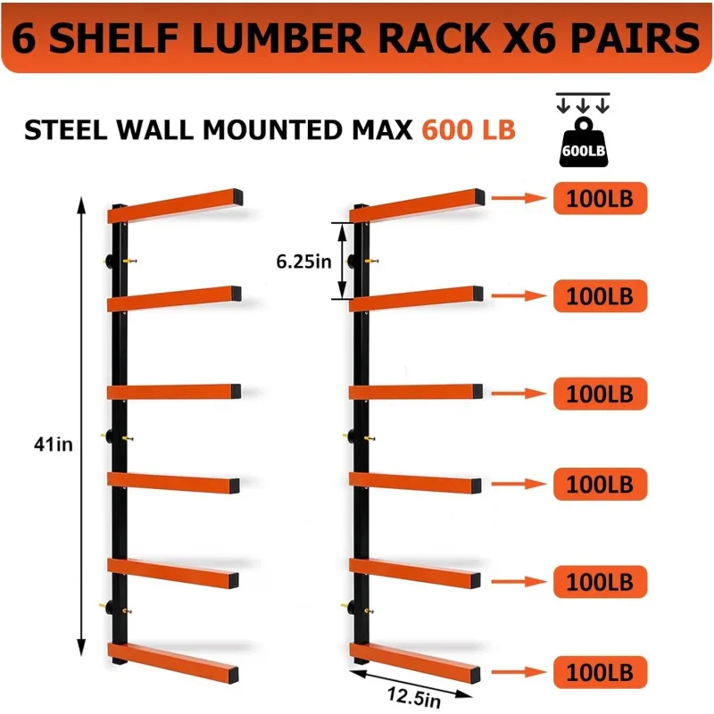 6 Pair of 6 Levels Shelf Lumber Storage Rack Lumber Wood Organizer Steel Wall Mounted Max 600 Lb