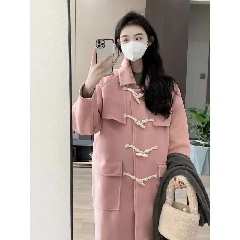 Pink Woolen Coat Women\'s Mid-length Winter New Style Japanese Style Loose Thickened Woolen Coat Horn Button For Small People