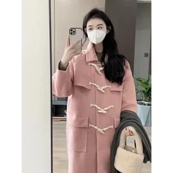 Pink Woolen Coat Women's Mid-length Winter New Style Japanese Style Loose Thickened Woolen Coat Horn Button For Small People