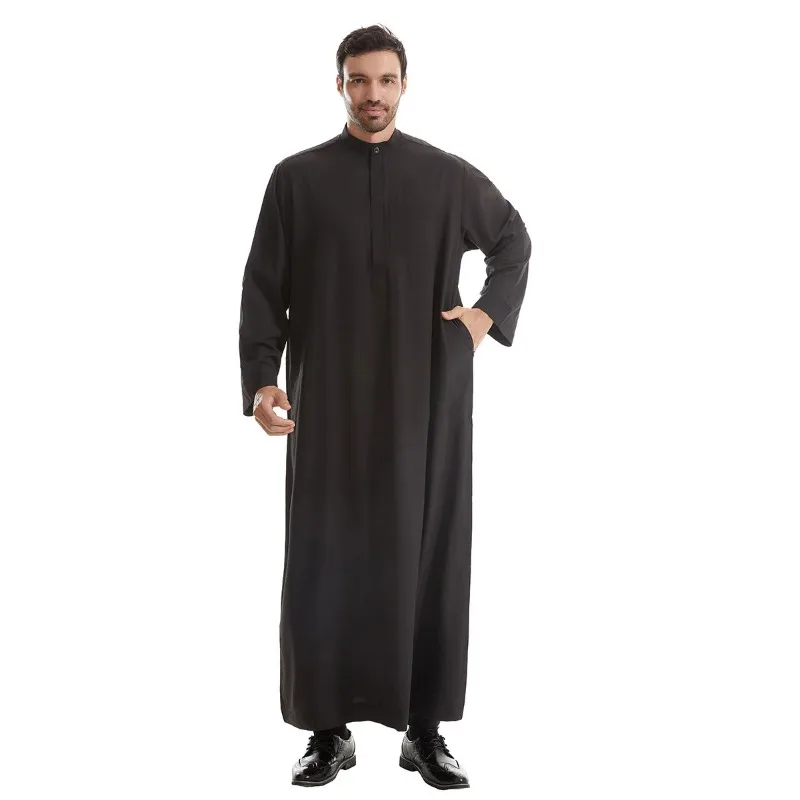 Baru 2024 Muslim Timur Tengah pria lengan panjang leher kru Arab warna Solid Islami Kaftan Maxi Dubai panjang Jubba Thobe pakaian Abaya