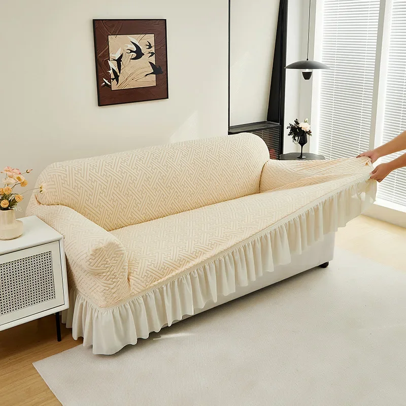New Fleece Solid Sofa Cover with Skirt Hem Anti-Cat Scratching Stretch Couch Slipcover Soft Armchair Protector for Living Room