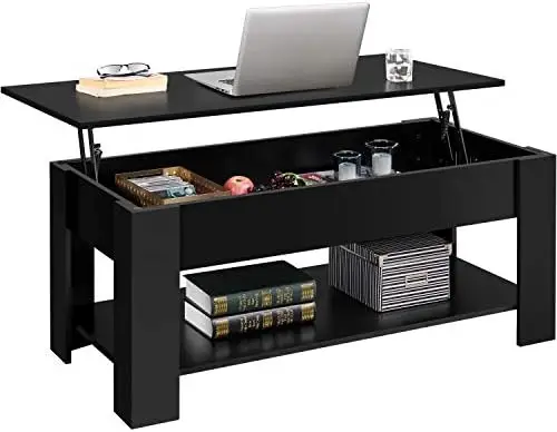 

38.6 Inch Wooden Lifting Coffee with Hidden Divider and Shelves Room Reception Room Lifting Dining (Black) Couch table