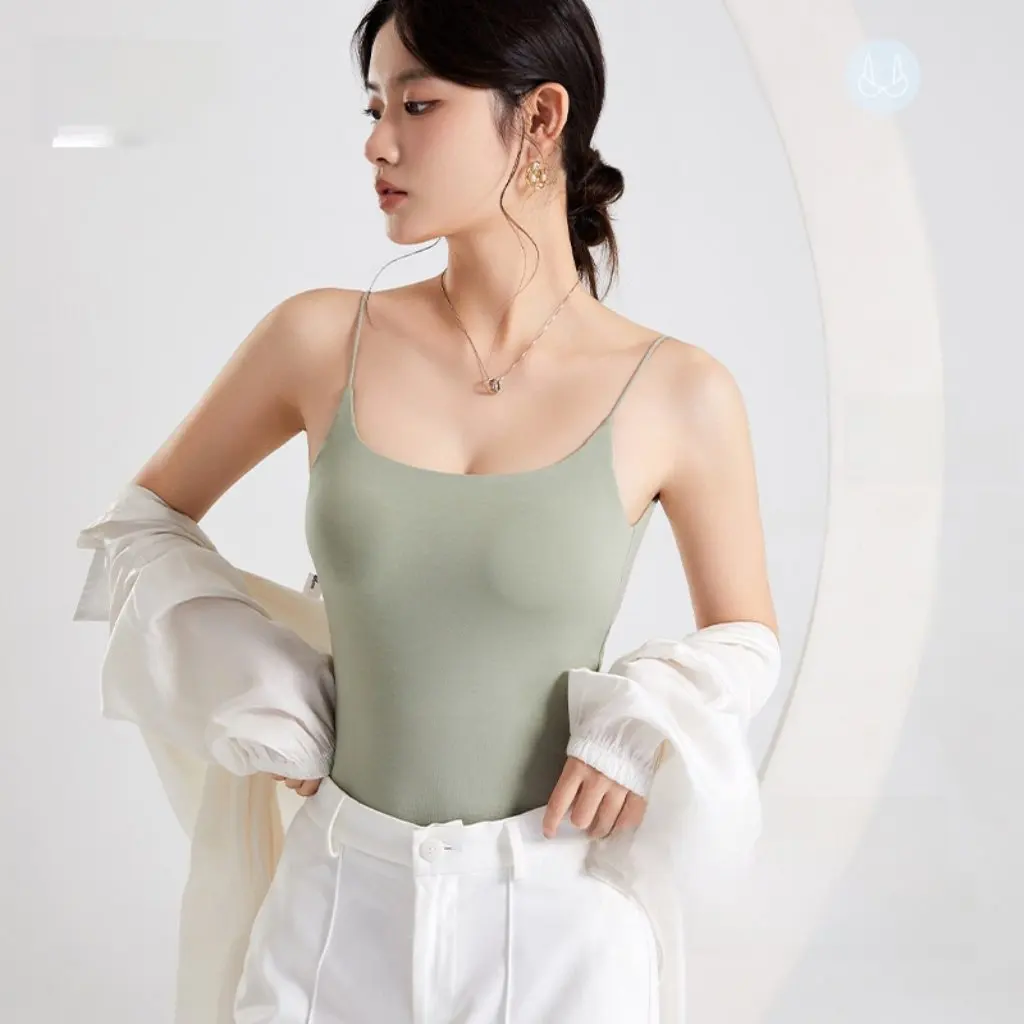 

New Women's Square Neck Slim Fit Backless Camisole Top with Breast Pads Beautiful Back Design Spring Summer Outerwear