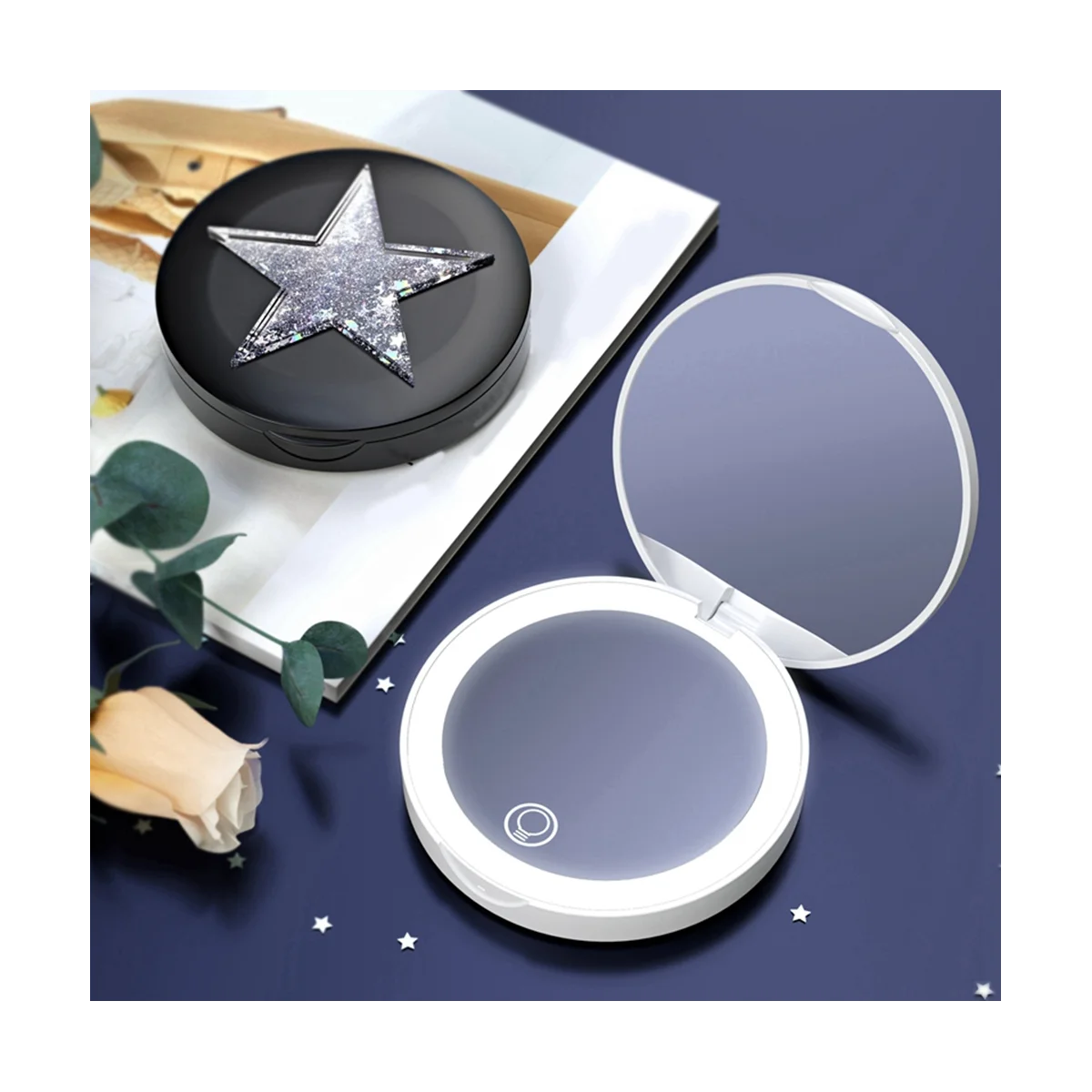 Portable Double-Sided Folding Cosmetic Mirror Female Gifts with Stars Mini Makeup Mirror Compact Pocket Mirrors,White