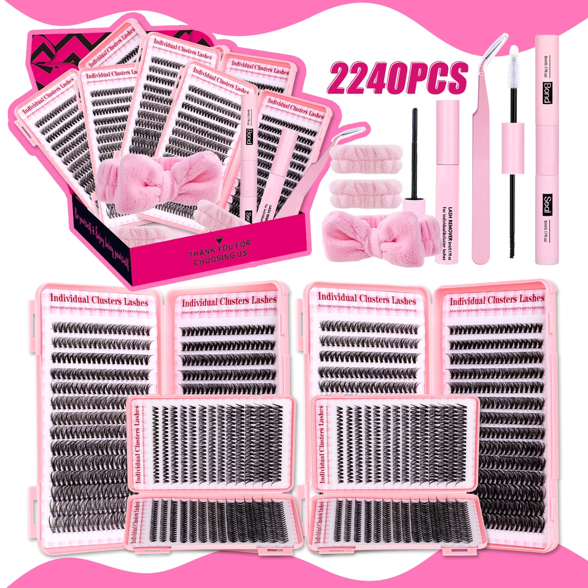 Kit di grappoli per ciglia fai-da-te Confezioni regalo con Bond & Seal Estensione morbida Ciglia finte Regalo festivo individuale naturale sottile