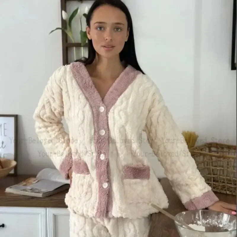 

Women's Long Sleeve Loose Fit Thickened Pajama Set Warm Coral Fleece Home Suit Lady Sleepwear Warm Autumn Winter New Loungewear
