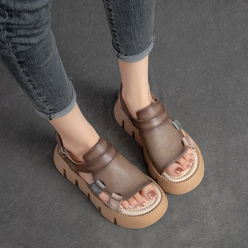 DRKANOL 2024 Fashion Chunky Platform Sandals Women Summer Wedges Heel Shoes Ladies Genuine Leather Jagged Soled Open Toe Sandals