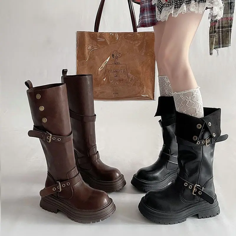 

Лидер продаж, винтажные сапоги до колена в стиле панк с пряжкой и ремешком, женские высокие сапоги на массивной платформе с арахисом