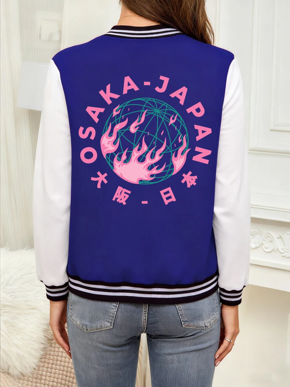 

Osaka-Japan City Pink Letter Prints Baseball Coat Womens Winter Cotton Jackets Casual Pocket Coats Basics Warm Woman Clothes