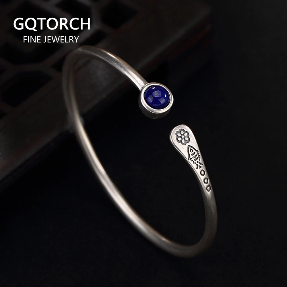 

Real 925 Sterling Silver Women Cuff Bracelets Bangle Fish Engraved Natural Lapis Inlaid Tibetan Buddhism Jewelry