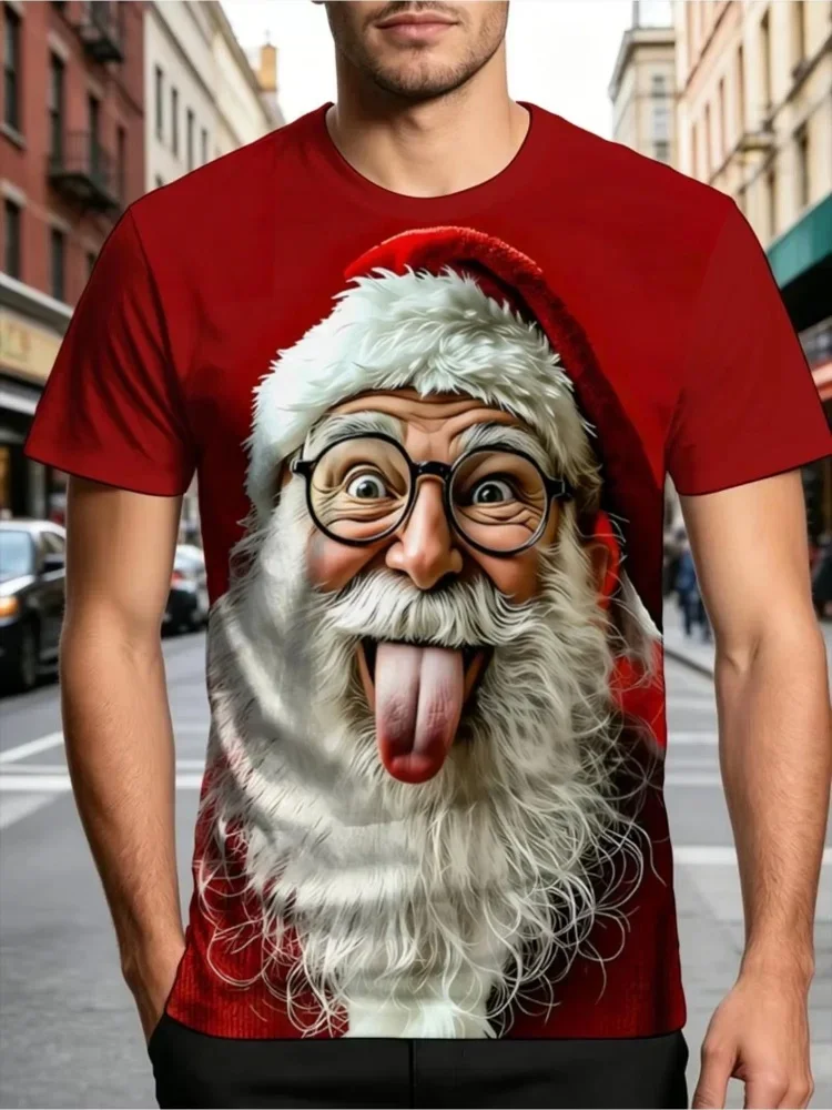 Funny T-Shirts for Men Santa Claus Face 3D Print Christmas Parties Novelty Gift Comfortable Round Neck Short Sleeve Mens Clothes
