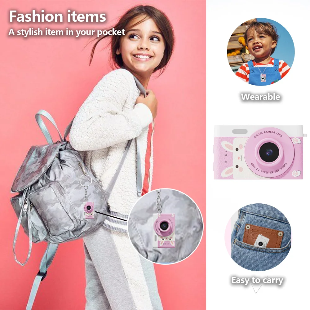 กล้องจิ๋วสําหรับเด็กพร้อม TF 32GB, ถ่ายภาพและบันทึกวิดีโอ, ชาร์จ USB และเชือกเส้นเล็ก, เสน่ห์กระเป๋าเป้สะพายหลัง, ของขวัญวันหยุดและวันเกิด