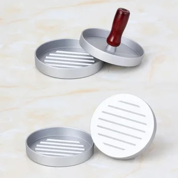 แม่พิมพ์เครื่องทำแฮมเบอร์เกอร์แบบกลมด้ามไม้อุปกรณ์แม่พิมพ์เครื่องทำเนื้อเครื่องทำแม่พิมพ์กดในครัวเรือน