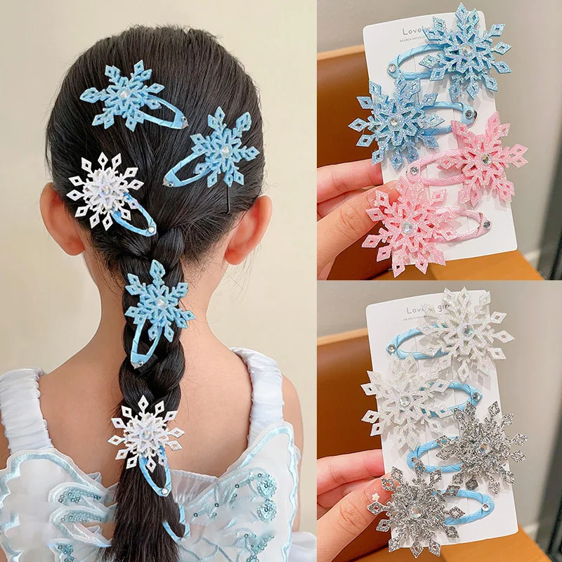 2PCS New Princess Snowflake Girls Lovely Hairpins Children Headwear Hairgrip Hair Clips Barrettes Hair Accessories