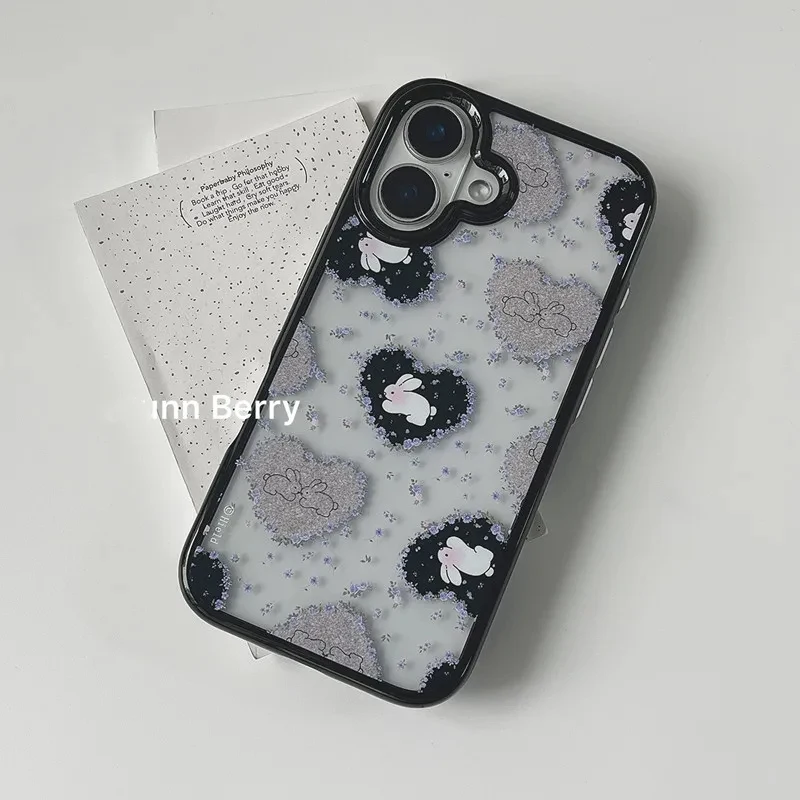 Ins Korean Retro Girl Love Rabbit Purple Flower Acrylic Phone Case For iPhone 17 Pro 16 15 14 13 12 11 Pro Max 78 Plus Y2K Cover - view 2