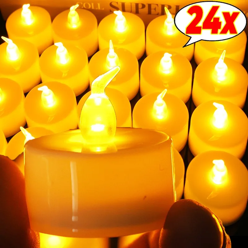 24/6pcs Flameless Led Candle Light Electronic Tealight Candles Yellow Wishing Tea Lamp Wedding Birthday Party Home Decoration