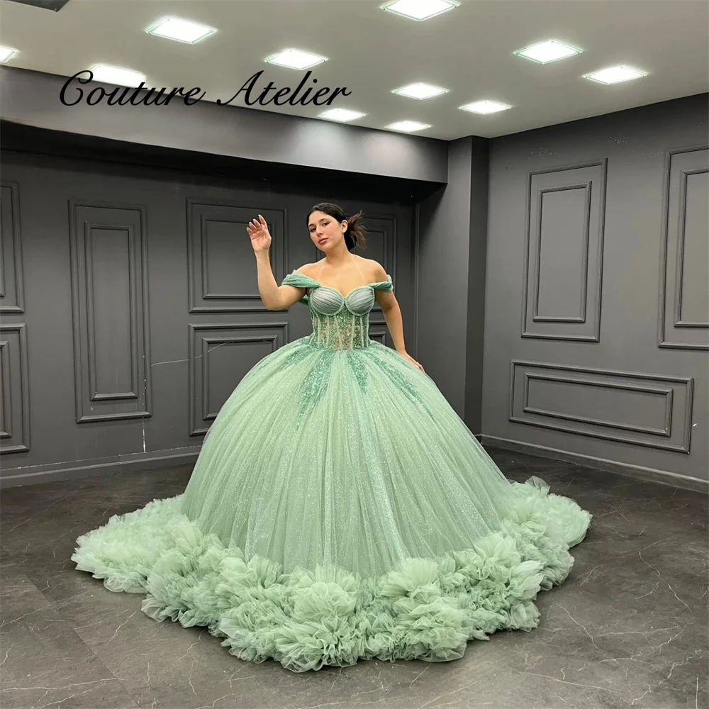 Sage Green Tulle Train Off The Shoulder Quinceanera Dresses Ball Gown Sweet 15 Dress Shinning Mexican Wedding Gowns vestidos