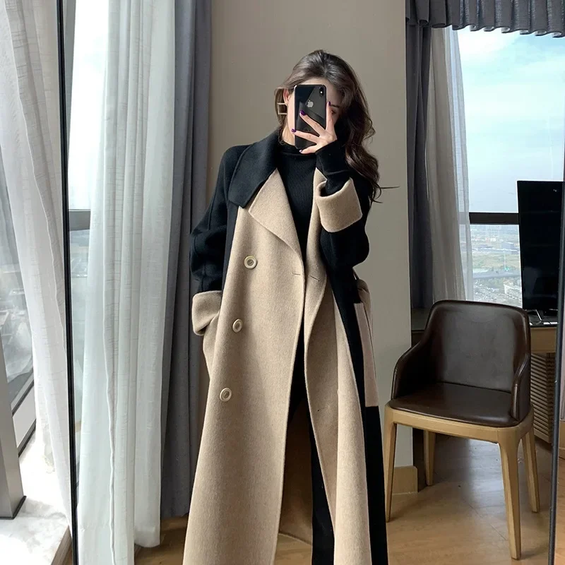 

Woolen Coat Women's Long 2024 Winter New Style Elegant High-Level Contrast Color Elegant Woolen Coat Women