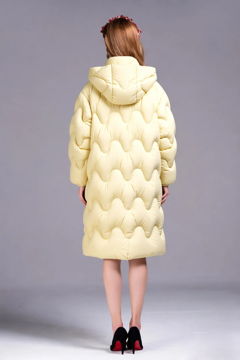 Women's Oversized Hooded Puffer Coat, Long Quilted Down Jacket with Wave Pattern, Yellow Winter Parka for Warmth & Style