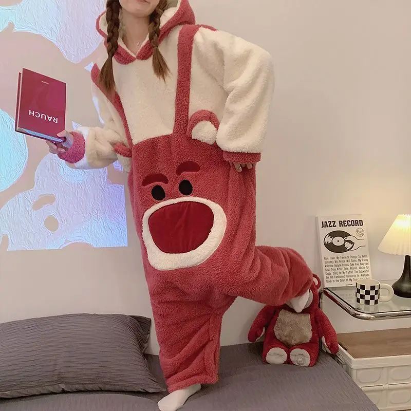 

Плюшевый халат Disney Lotso, женская зимняя коралловая бархатная фланелевая теплая пижамная рубашка для девочек, комплект ночной рубашки с капюшоном
