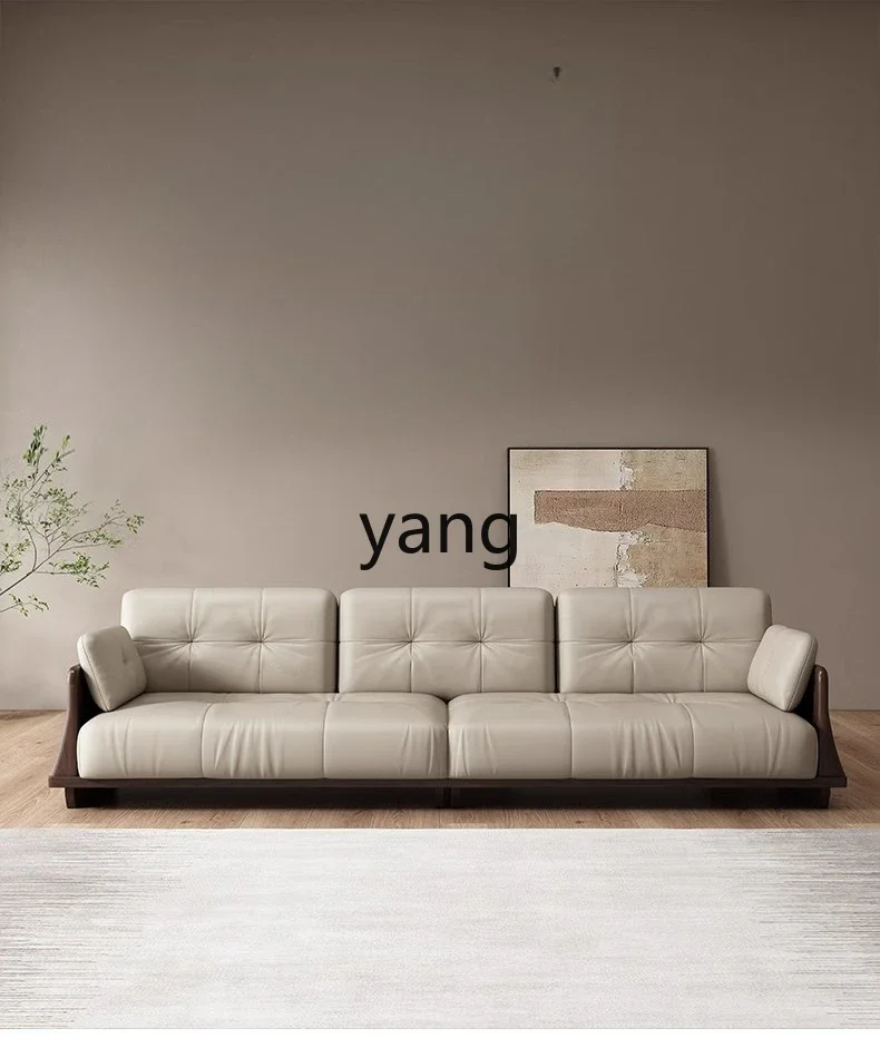 LMM black walnut leather sofa combination Italian light luxury solid wood three-person sofa