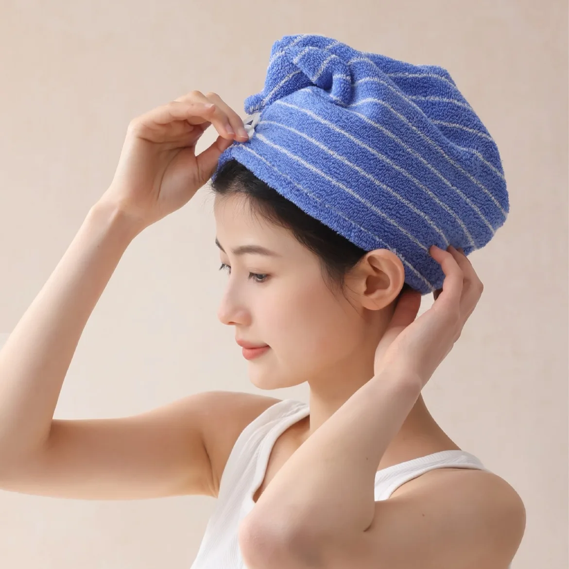 2026 New Minimalist Fine-Stripe Woven Absorbent Hair-Drying Cap – Pure Cotton Long-Staple Cotton Home Hair-Drying Towel