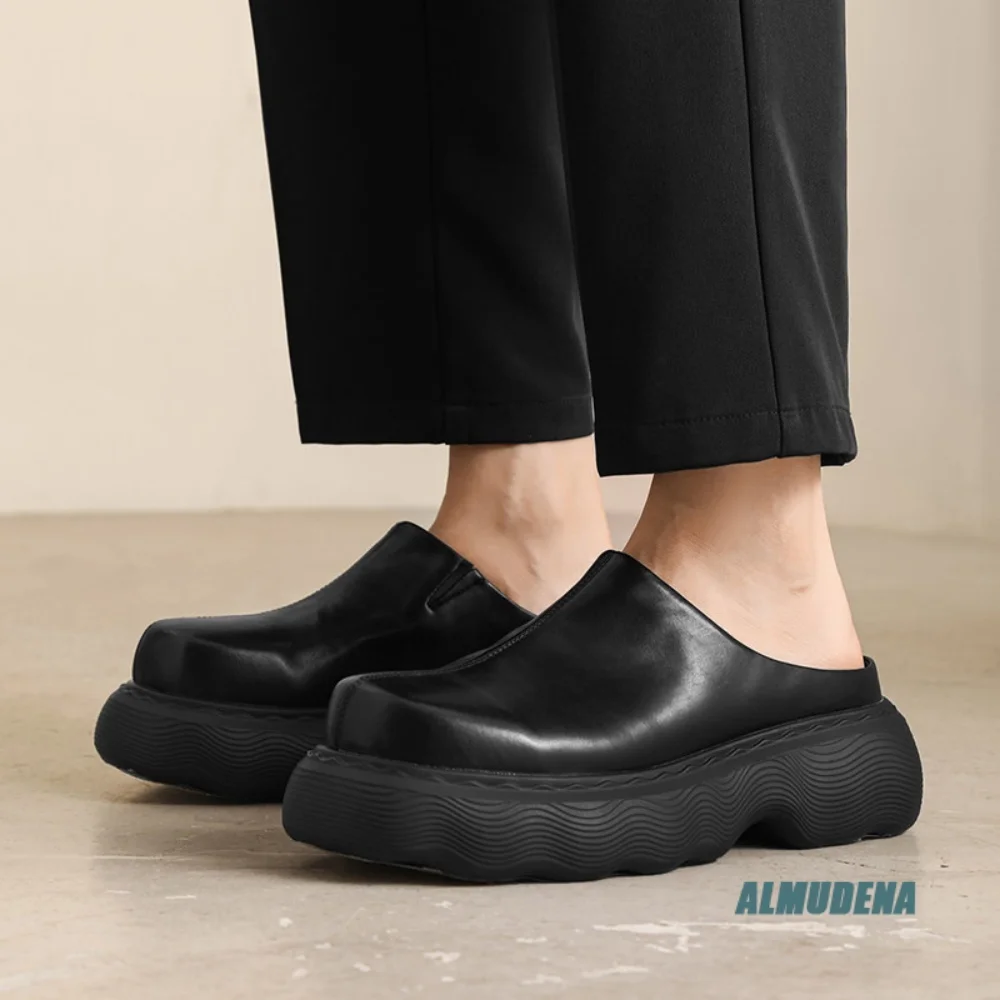 Fashion Men Slip-On Backless Faux Leather Round Toe Chunky Platform Sole Comfort Trendy Mules Versatile Shoes For Spring Autumn